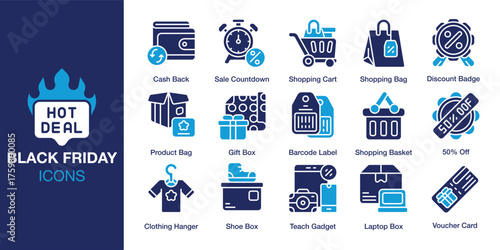 Black Friday Icon set. Containing promo, coupon, voucher, offer, clearance and more. Solid vector icons collection. Vector illustration.