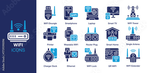 WIFI Icon set. Containing modem, hotspot, signal, antenna, bandwidth and more. Solid vector icons collection. Vector illustration.