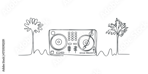 Single line drawing of a DJ turntable and palm trees