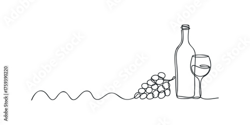 Continuous line drawing of wine bottle and grapes with glass