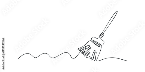 Continuous line drawing of a broom sweeping a wavy line