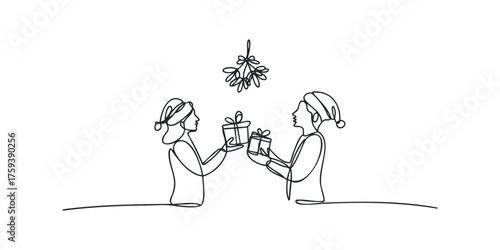 Two people in Santa hats exchange gifts under mistletoe