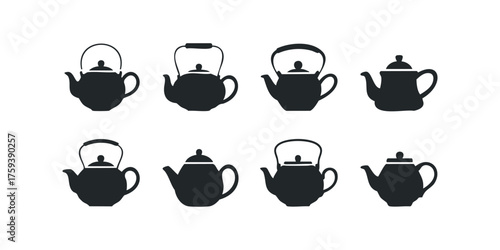 Collection of Black Teapot Silhouettes Isolated on White Background