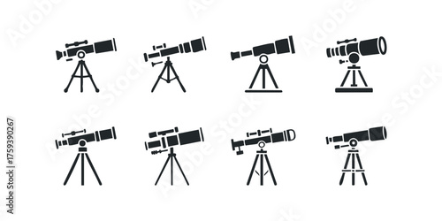 Telescope icons on tripod for stargazing