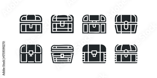 Collection of eight different treasure chest outline icons