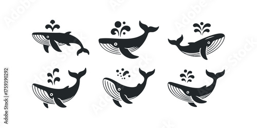 Six stylized black whale silhouettes spouting water