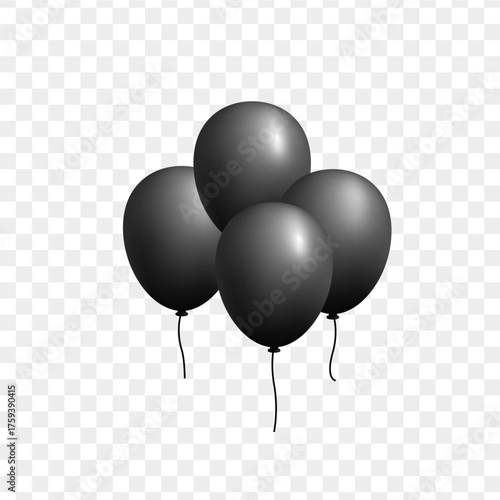 Group of Black isolated balloon with glossy surface and short string for celebration or invitation and sale promotion design