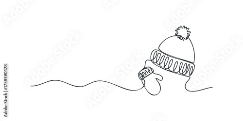Minimalist continuous line drawing of winter beanie and mitten