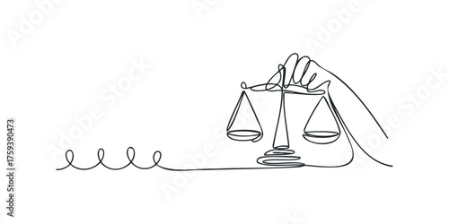 Minimalist line drawing of a hand holding justice scales