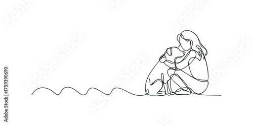Person embracing dog in continuous line drawing