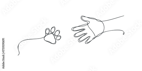 Hand and paw print continuous line drawing symbolizing connection