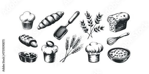 Various baked goods and baking implements drawn in a sketch style