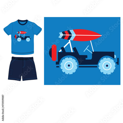 boys t shirt with denim short surf car  print vector art