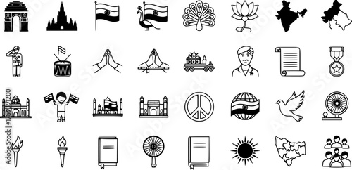 India National Symbols and Cultural Heritage Icons Set. Vector Collection of Indian Monuments, Patriotic Emblems, Traditional Elements, Maps, and People.