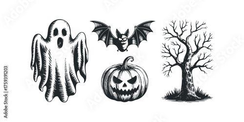 Spooky Halloween Collection with Ghost, Bat, Pumpkin, and Tree