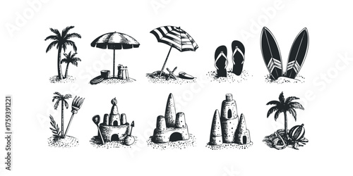 Beach vacation icons including palm trees and sandcastles