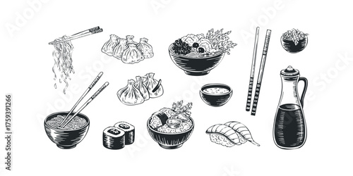 Asian Food Selection Chopsticks Bowls and Soy Sauce Bottle
