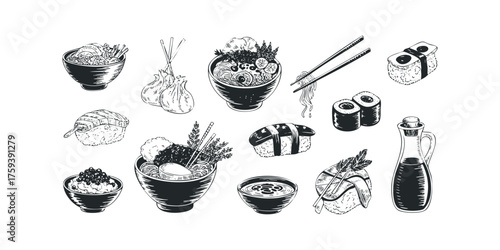 Hand drawn Asian food assortment with noodles and sushi