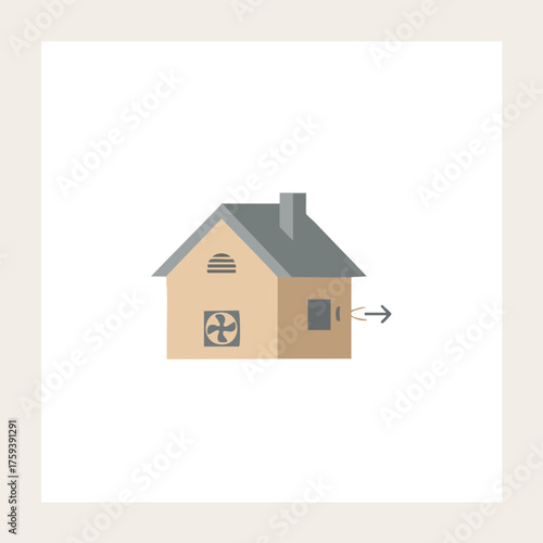 Illustration of a house with a ventilation fan and an air vent showing airflow.
