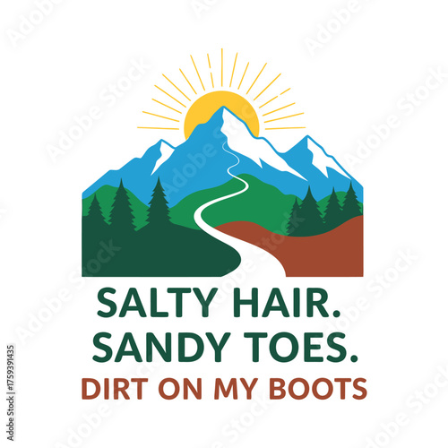 Mountain landscape with sun and text mountains trees