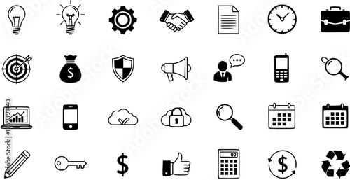 Vector set of diverse business, technology, finance, and communication icons. Hand-drawn style for web, app, and office concepts. White background graphic design elements.