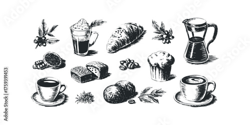 Espresso cup pastry croissant coffee beans and French press sketch