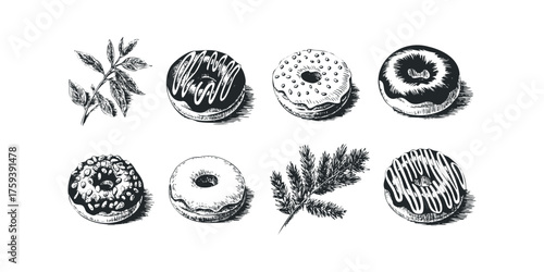 Hand-drawn sweet donuts and foliage elements