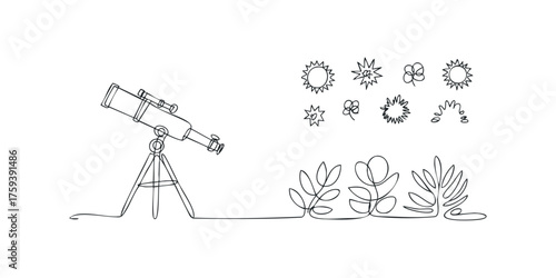 Telescope observing star and plant line drawing