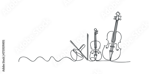 Continuous line drawing of violins and bow on white