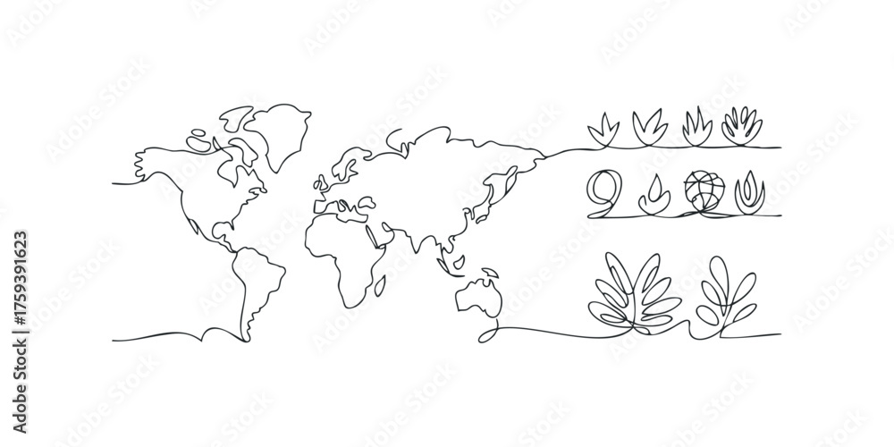Naklejka premium Continuous Line Drawing World Map with Plants and Globe