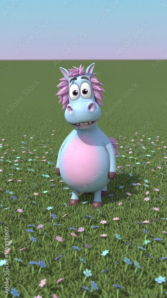 cheval cartoon 3D pastel dans un champ de fleurs colorées