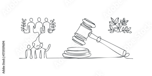 Figurative line art shows legal gavel and people group