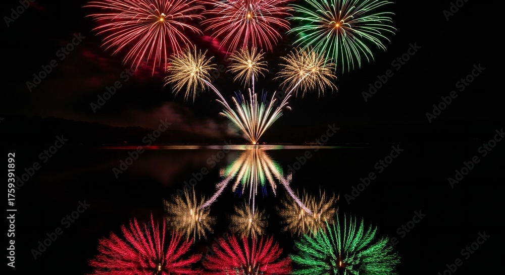 Fototapeta premium Vibrant red and green fireworks reflecting in dark water during a night celebration