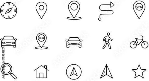 Navigation and Location Line Icons Set: Map, GPS, Route, Compass, Car, Bicycle, Pedestrian, Search, Home - Travel  Wayfinding Outline Symbols