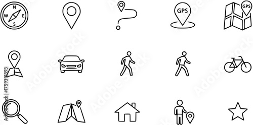Navigation, Location, and Travel Icons Set. Outline symbols for maps, GPS, compass, route, car, bike, walking, and home.
