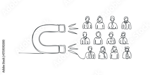 Magnet attracting diverse group of people abstract line drawing