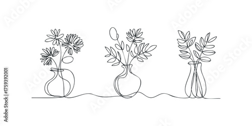 Continuous line drawing of three vases with foliage