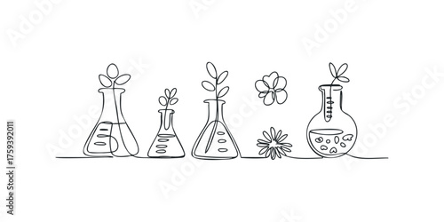 Science Flasks with Plants and Flowers Simple Line Art