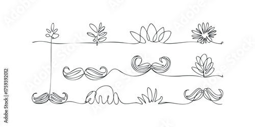 Minimalist single line drawing of botanical elements and mustaches