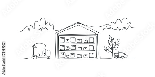 Warehouse with stacked boxes and delivery vehicles