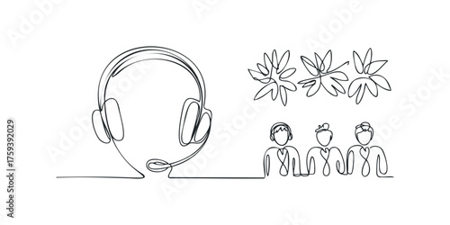 Continuous line drawing of headset and team