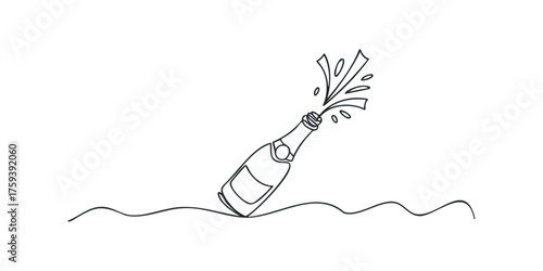 Line art of champagne bottle with exploding liquid
