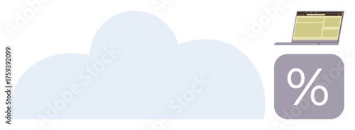 Large cloud icon with a laptop displaying a data dashboard and a purple square featuring a percent symbol. Ideal for technology, data management, analytics, cloud storage, business growth, modern