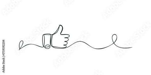 Single line drawing of a thumbs up gesture and fluid curves