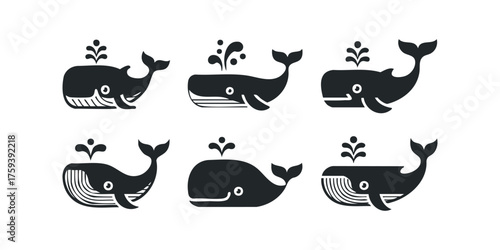 Six stylized whale icons with water spouts