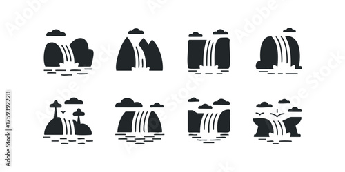 Collection of simplified waterfall and mountain graphic icons