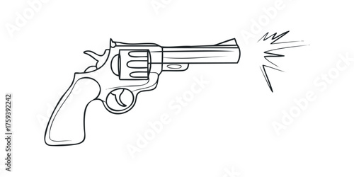 Line drawing of a firing revolver with muzzle flash