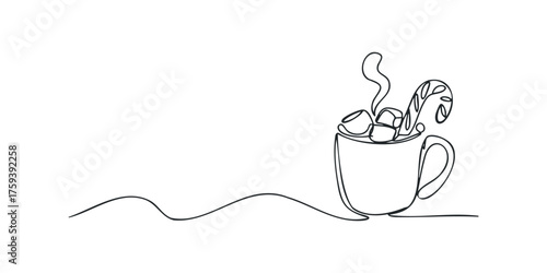 Continuous line drawing of hot chocolate with marshmallows and candy cane