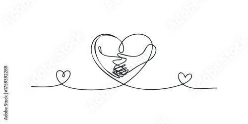 Abstract one line drawing of two hands holding a heart shape