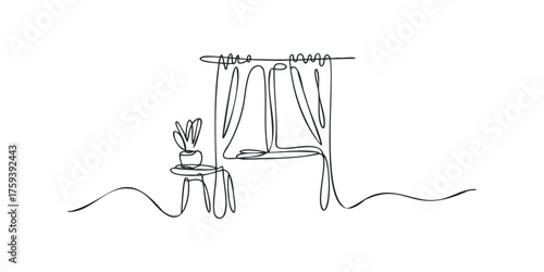 Continuous line drawing of a potted plant on a table by a window with curtains